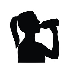 Silhouette of a woman drinking from a bottle against white background