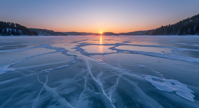 A frozen lake reflects the sunrise with cracked ice and distant trees on the horizon at dusk time