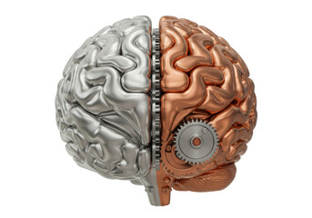 Isolated half human brain with metal gears showing mechanical concept, mind function