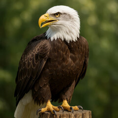 Fototapeta premium AI-Generated image of a majestic bald eagle perched on a weathered wooden stump, captured in sharp detail.