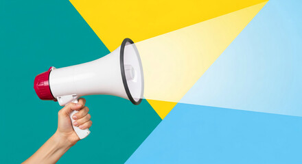 Hand holding megaphone against colorful background, projecting light beam, showcasing announcement or advertisement concept, ideal for marketing or communication themes, free space for text