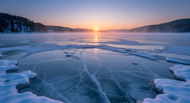 Frozen lake at sunrise with cracked ice and snow covered edges and distant hills in the background - Powered by Adobe