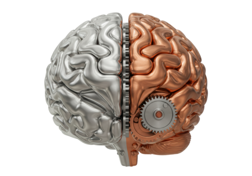 Isolated half human brain with metal gears showing mechanical concept, mind function