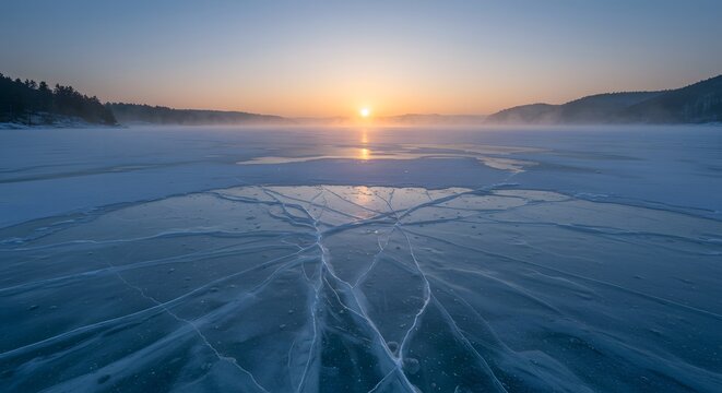 A frozen lake stretches to the horizon under a sunrise with cracked ice and distant silhouettes of trees