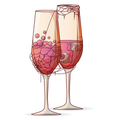 Vector illustration of two Halloween champagne glasses. Witch bubbling potion, drink and eyeballs. Decoration with cobwebs. Spooky holiday party concept. Halloween design.