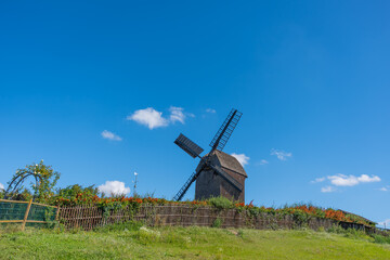 Fototapeta premium Windmill with Clear Sky and Clouds. A wooden windmill stands on a hilltop under a vivid blue sky. A few white clouds float above the rustic scene.