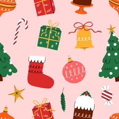 Seamless pattern with cute doodle Christmas elements on Pink background. Hand drawn vector illustration. Funny Xmas print