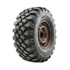 An oversized, dark gray, worn composite rubber off-road tire on a rusty dark bronze steel rim, isolated on a transparent background with copy space, subtle shadows, concept of industrial durability