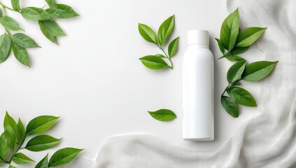 White plastic bottle surrounded by fresh green leaves on a light gray surface