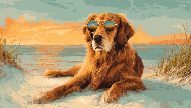 Golden retriever dog wearing sunglasses on a beach at sunset