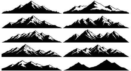 Collection of 12 Mountain Range Silhouettes Black and White Vector Graphics