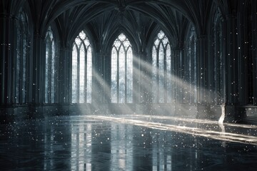 Gothic cathedral interior, sunlight rays