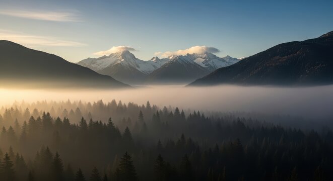 Misty mountain range at sunrise with sunbeams illuminating the forest canopy below
