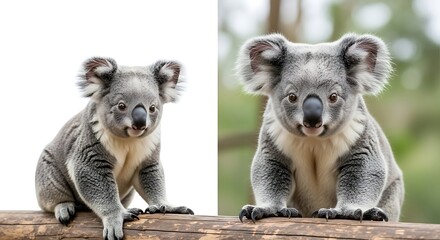 Koala on log with isolated  background.
