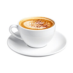 Cappuccino Delights: An inviting close-up of a freshly brewed cappuccino in a pristine white cup and saucer, artfully adorned with delicate cocoa dusting transparent background png