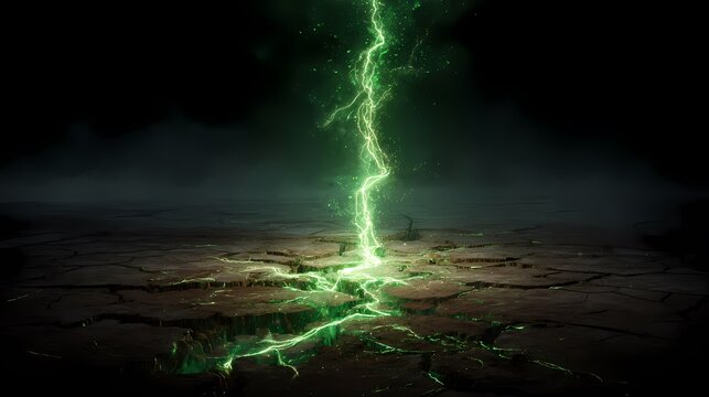 Green Lightning Strike on Cracked Earth with Powerful Energy and Natural Disaster