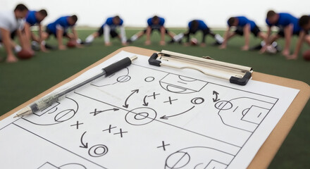 A clipboard displays a detailed playbook with strategic plays and formations, while a team of athletes in blue uniforms stretches in the background on a green field.