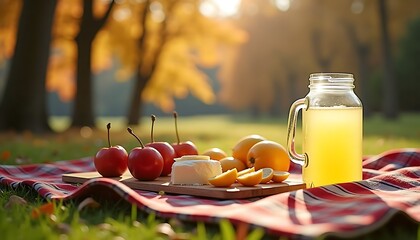 Autumn picnic with fresh fruits and juice on a blanket in a park surrounded by colorful trees
