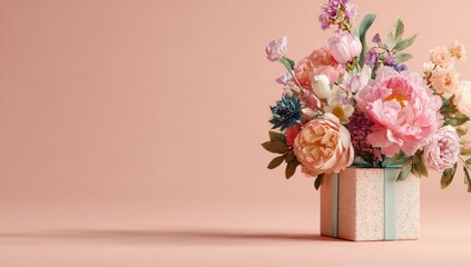 A bouquet of pastel flowers in a gift box