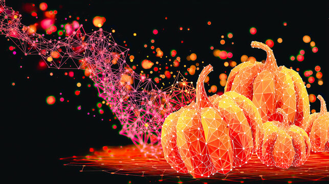 Digital enchantment in autumn ritual- glowing pumpkins made of geometric mesh rise from a stream of particles and light. A futuristic Halloween in coded colors.