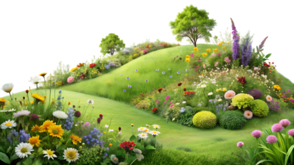 A picturesque landscape featuring a green hill adorned with wildflowers and trees, creating a serene and idyllic scene isolated on transparent background