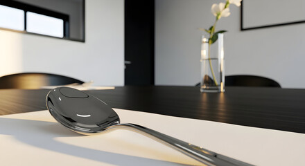 A close up of a spoon on a table with a flower in a vase and a window in the background