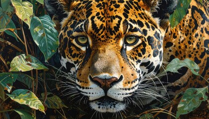 Fototapeta premium Close-up of a jaguar head, showcasing intricate patterns and lush jungle foliage. The jaguar's piercing gaze draws the viewer in, amidst vibrant greens and browns.