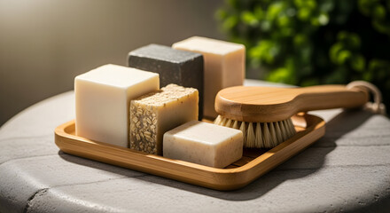 A collection of soaps and a brush on a tray, perfect for relaxation and wellness