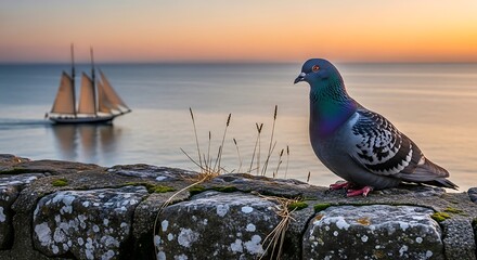 Pigeon Sunset Seascape Sailboat.