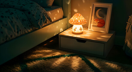 A whimsical mushroom night lamp with a cute fox picture on a bedside table