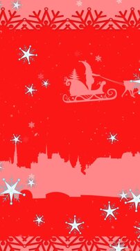 Animation of snow falling over christmas decoration and pattern