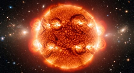 Sun with solar flares, space, and cosmos.