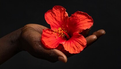 A dark-skinned hand holds a vibrant red hibiscus flower against a black background