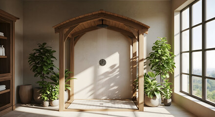 A Wooden Shower Interior Design with Plants and Natural Light Enhancing Wellness Spaces