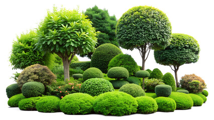 A collection of topiary shrubs and trees isolated on transparent background, showcasing diverse shapes and sizes in a beautifully landscaped garden