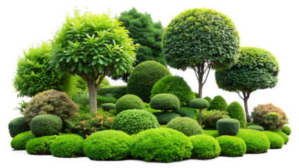 A collection of topiary shrubs and trees isolated on transparent background, showcasing diverse shapes and sizes in a beautifully landscaped garden