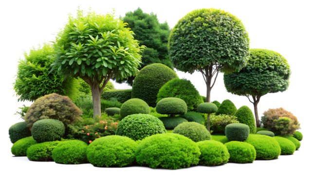 A collection of topiary shrubs and trees isolated on transparent background, showcasing diverse shapes and sizes in a beautifully landscaped garden