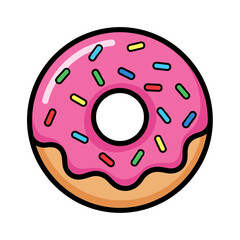 Fototapeta premium A cartoon illustration of a pink glazed donut with colorful sprinkles.