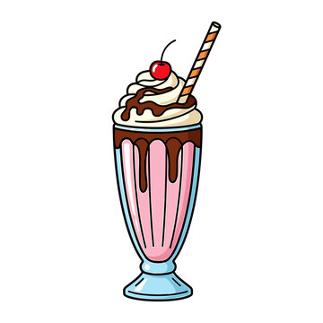 A colorful cartoon illustration of a milkshake with whipped cream and a cherry.