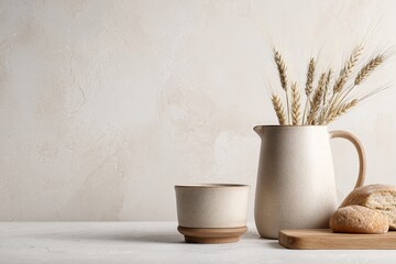 Neutral-toned still life with ceramic pitcher, cup, and bread