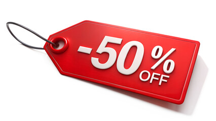 Red tag showing a fifty percent discount isolated on transparent background, perfect for advertising campaigns and promotional materials for your business
