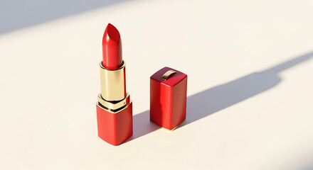 Red lipstick in golden tube on white background