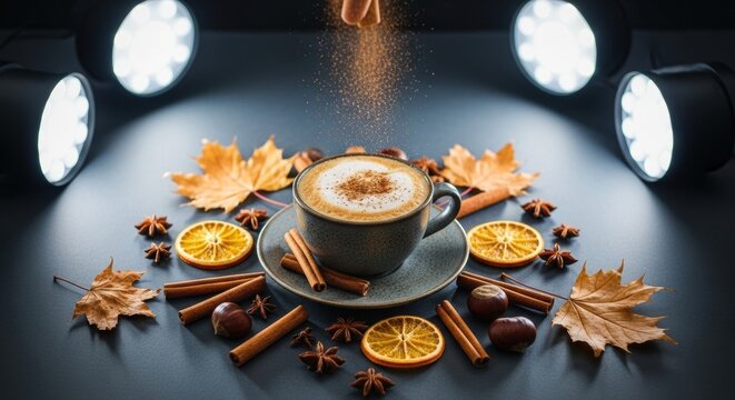 Autumn spice latte with cinnamon and citrus surrounded by maple leaves and chestnuts