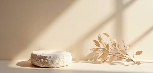 Beige rock podium displays product. Natural light and shadows create a soft, minimalist aesthetic. Dried leaves add an organic touch. Simple display solution for goods, jewelry, or home decor.