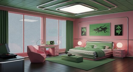 Retro Pink Green Bedroom Interior.