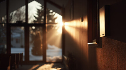 warm glow of light streaming through church window illuminates snowy landscape outside creating peaceful ambiance