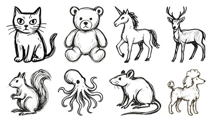 PNG Hand-drawn animal sketch collection, element set on transparent background