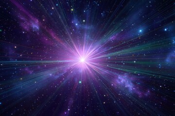 Cosmic explosion radiating light across a star-studded night sky