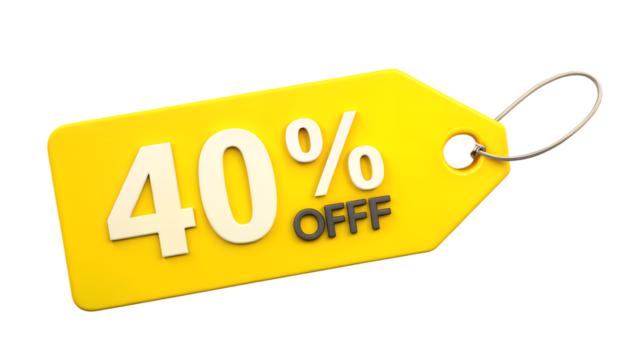 Yellow tag with 40 off discount isolated on transparent background, offering a great deal for customers looking to save money on their purchases