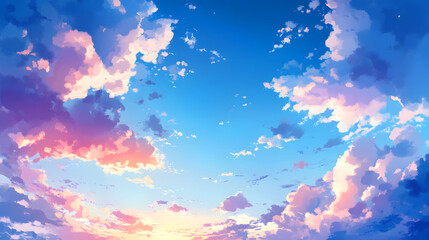 Anime Style Sky with Fluffy Pink and Blue Clouds blue sky